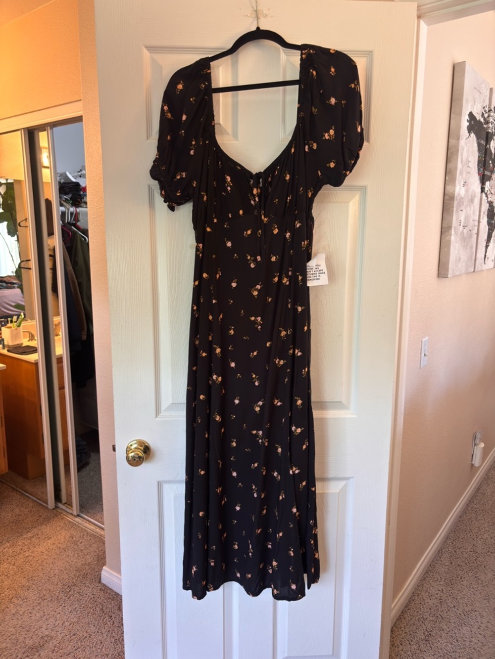 Miss Selfridge Black Floral Midi Tea Dress with Puff Sleeves